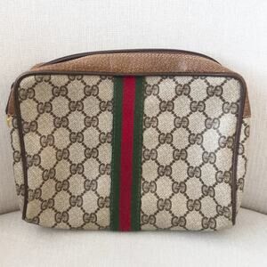 Vintage Gucci Bag Toiletry Clutch Brown GG Logo Tan Zip 80's
